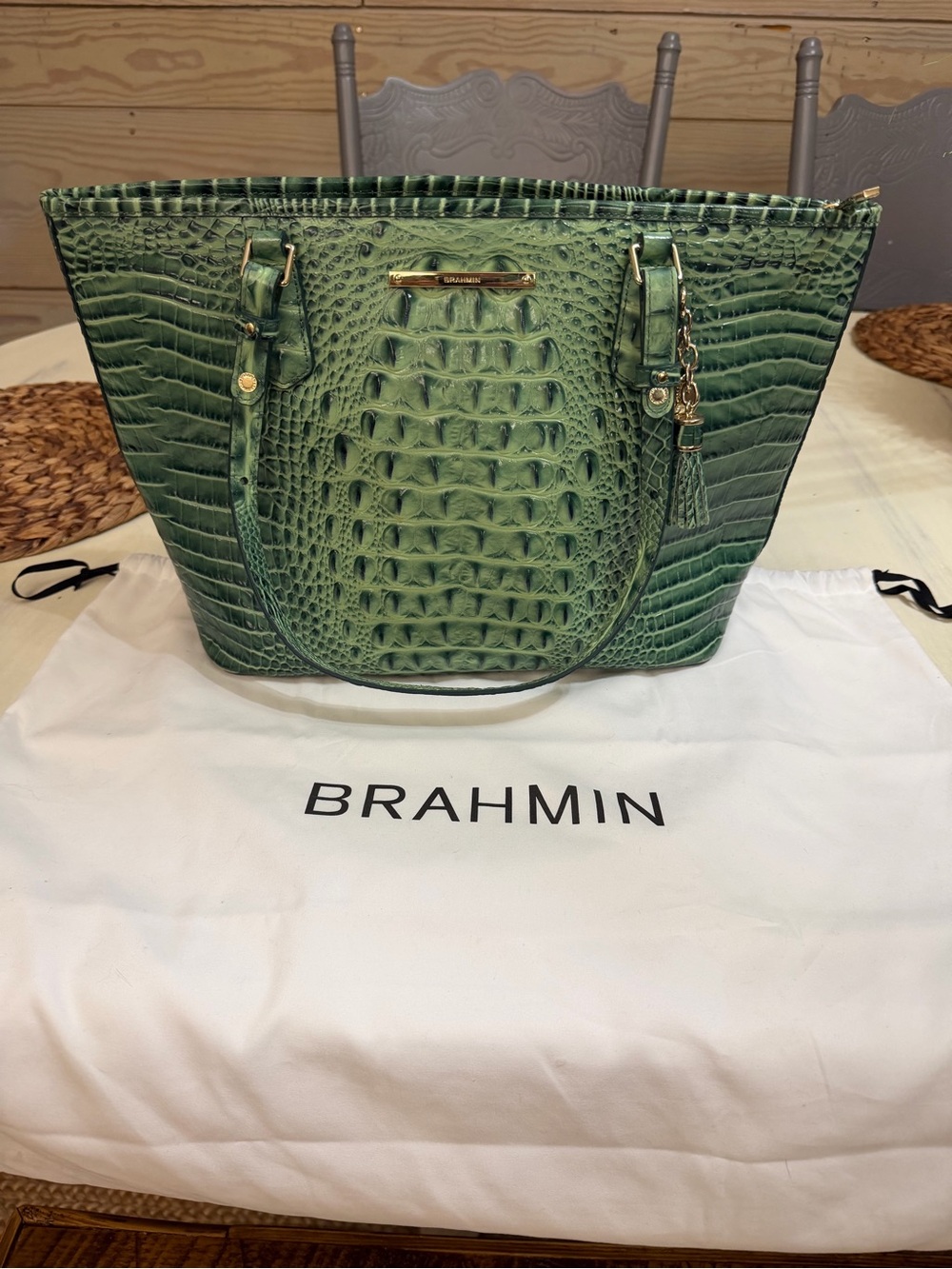 Brahmin Emerald Green Croc-Embossed Tote with Tassel Charm